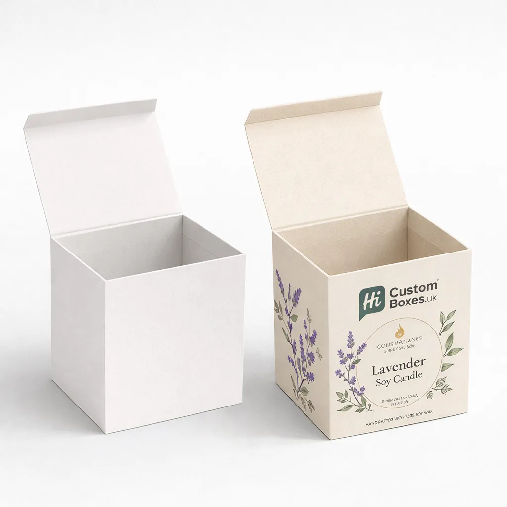 Wholesale soy candle boxes shown in natural kraft and a white branded floral design. class=